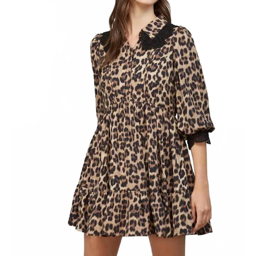 NEW FATE BY LFD lace trimmed animal print dress in beige